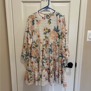 Zara Cream Tiered Dress with Pink Floral & Teal Leaves